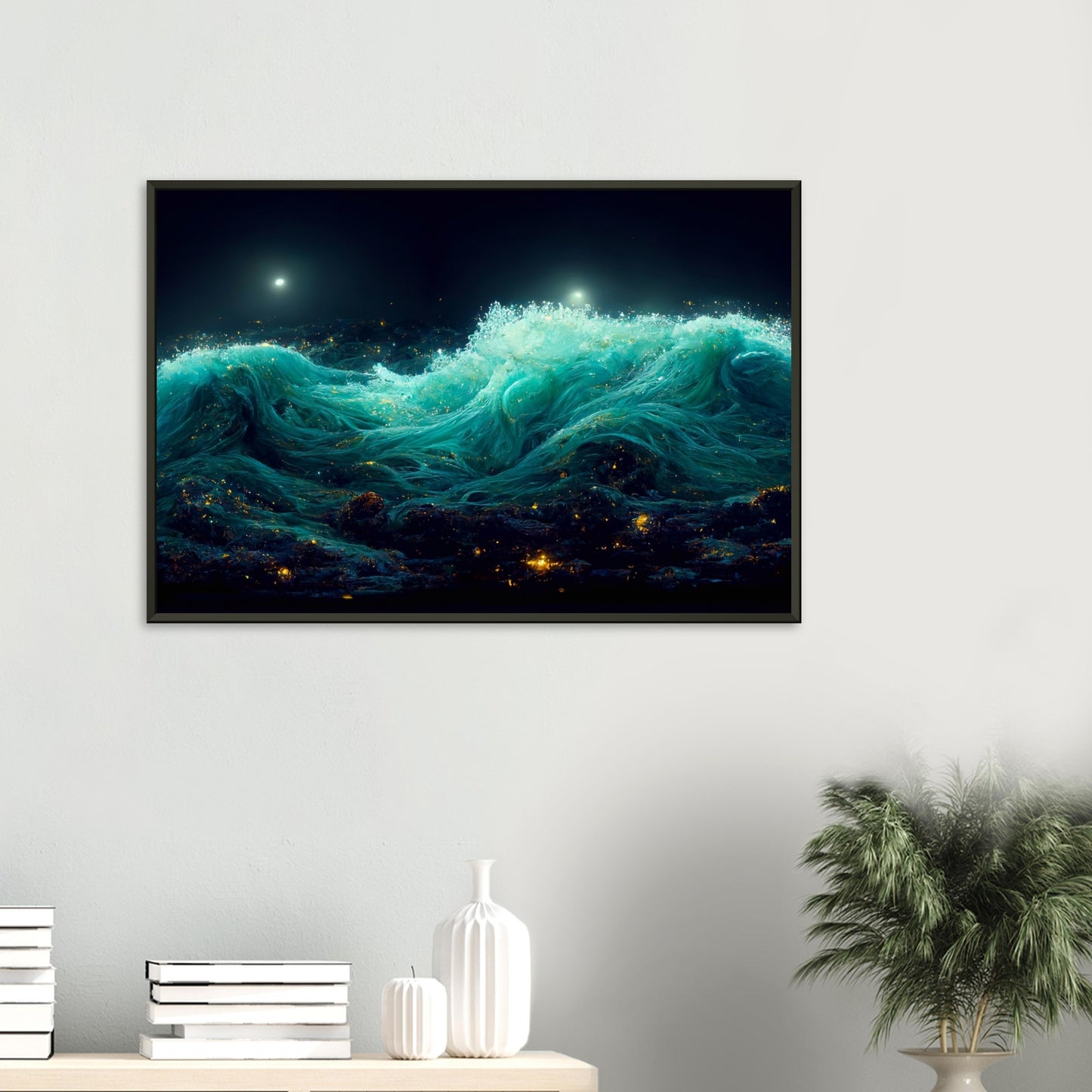 Ocean night landscape, sea starry dark waves